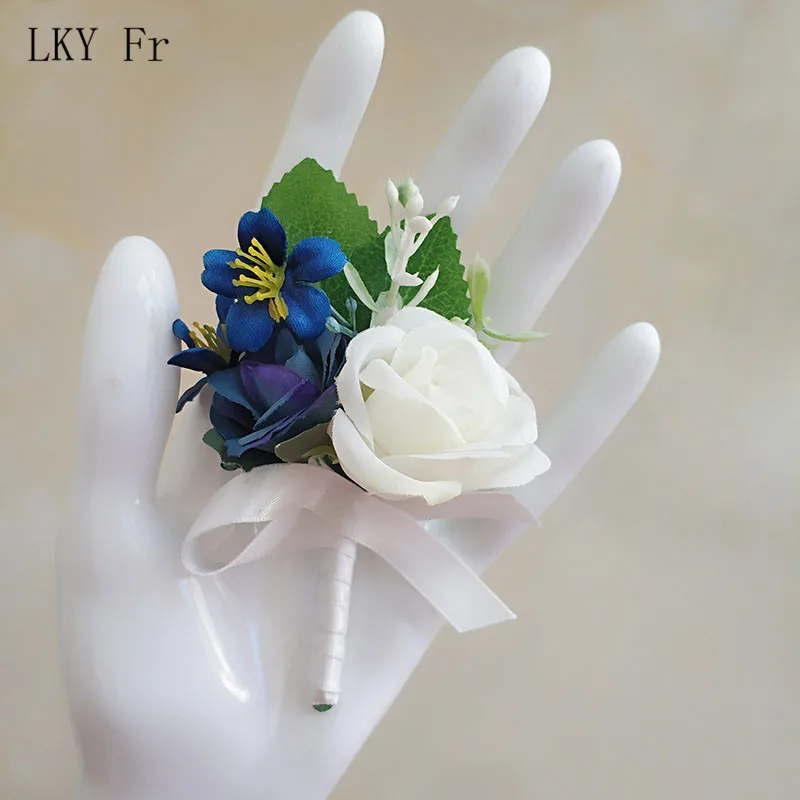 Lky Fr Corsage Wedding Boutonnières Blauwe Rozen Zijde Armband Bloemen Bruidegom Man Pak Knoopsgat Broche Pins Huwelijk Accessoires