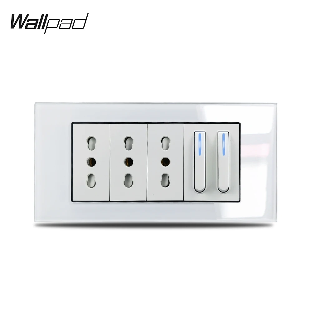 

153*75mm 2 Button Piona Switch and 3 Italian Socket Wallpad L3 White Glass Panel 16A 3 Italy Power Socket and 2 Gang Switch