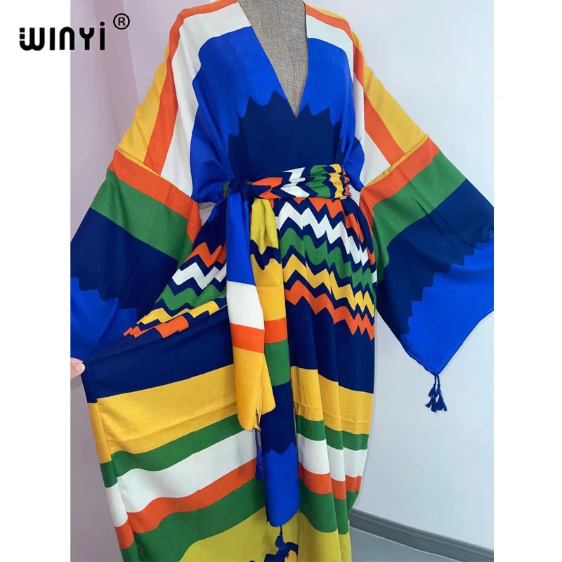 Spring Summer Lady KIMONO Women\'s Dress Wave Print Long Sleeve V-Neck Casual Loose Holiday beach cardigan Dress robe sexy femme