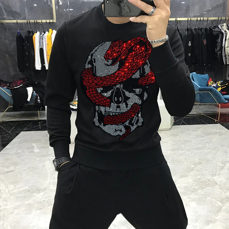 2024 New Arrival Winter Men\'s Sweatshirt Casual Fashion Long Sleeve Hot Rhinestone Warm Oversized Hoodie Top