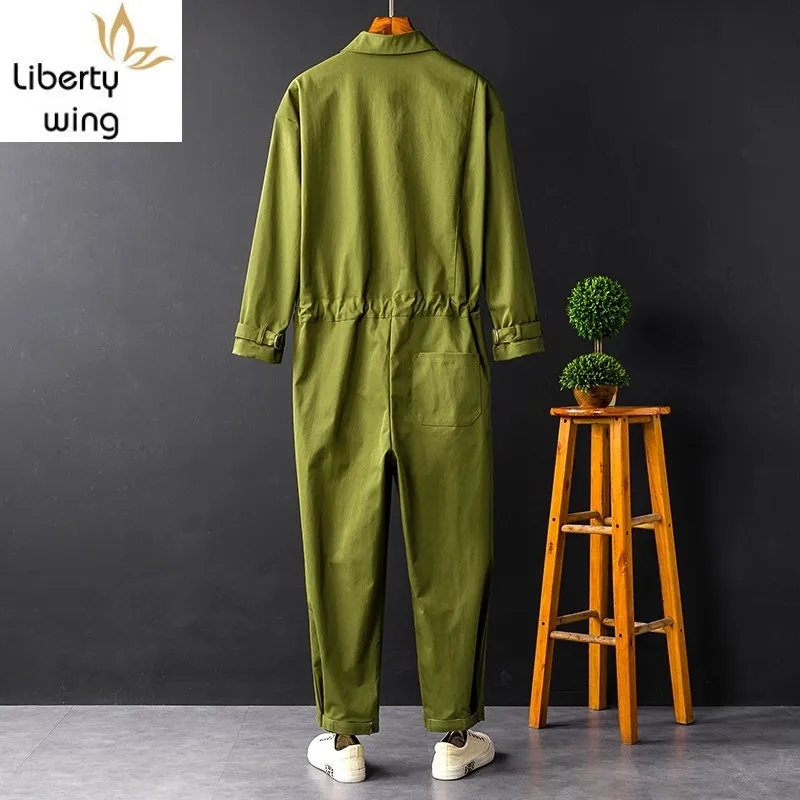 Harajuku Mens Casual Loose Fit Jumpsuits Long Sleeve Single Breasted Top Drawstring Waist Full Length Pants Male Cargo Overalls