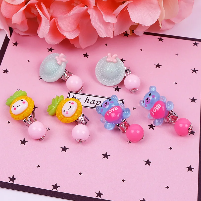 Candy Color Fruit Shape Cute Children\'s Baby Girl Earrings kids Ear Clip no Pierced Party Lovely Jewelry Gift 7 Pairs Mix In Box