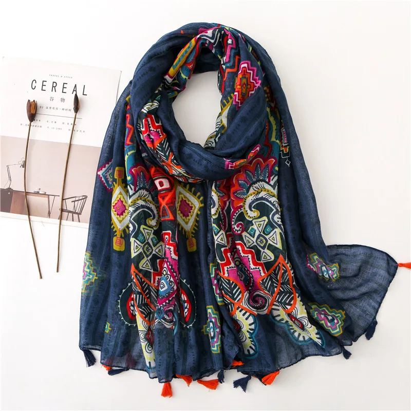 34 Colors Fashion Blue Luxury Floral Tassel Viscose Shawl Scarf Lady Print Soft Wrap Snood Bufandas Mujer Muslim Hijab 180*90cm