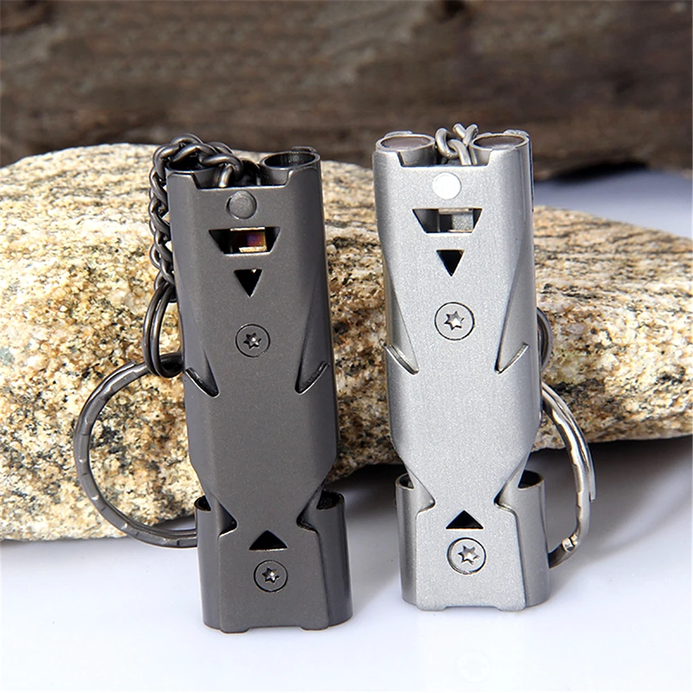 High Decibel Portable Metallic Keychain Whistle Stainless Steel Double Pipe Emergency Survival Multifunction Outdoors Tools