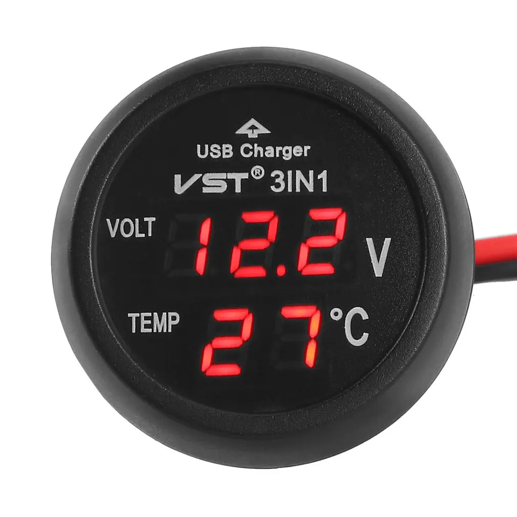 3 in 1 LED USB Car Charger Voltmeter Thermometer Car Battery Monitor LCD Digital Dual Display 12V/24V Digital Meter Monitor