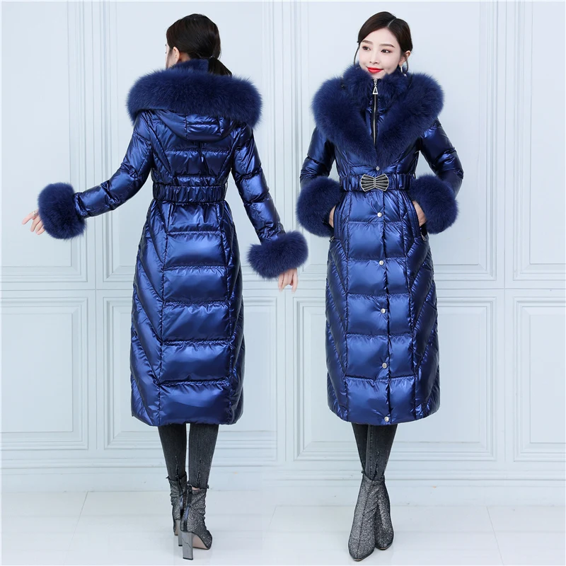 Русский теплый меховой пуховик Fit -30℃ cold Winter Thicker Glossy Duck Down Coats Female Large Real Fox Fur Hooded Parkas wy430