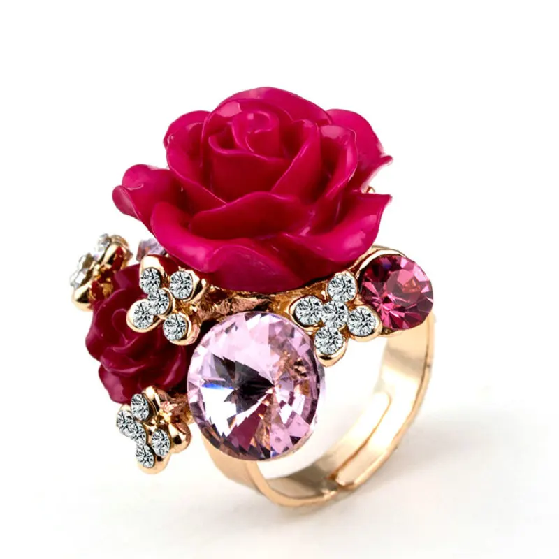 New 7 colors Resin Rose Flowers Gold Color Crystal Adjustable Opening Ring for Women Wedding Statement Finger Rings