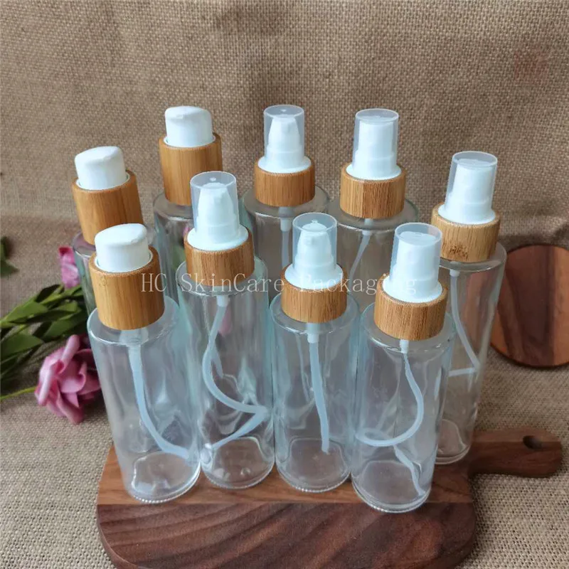 Clear glass Empty 50/100/120/150ml Perfume Sprayer Disc Cap Atomizer Bottle with Bamboo  Cover Lotion  Cosmetic Liquid Container