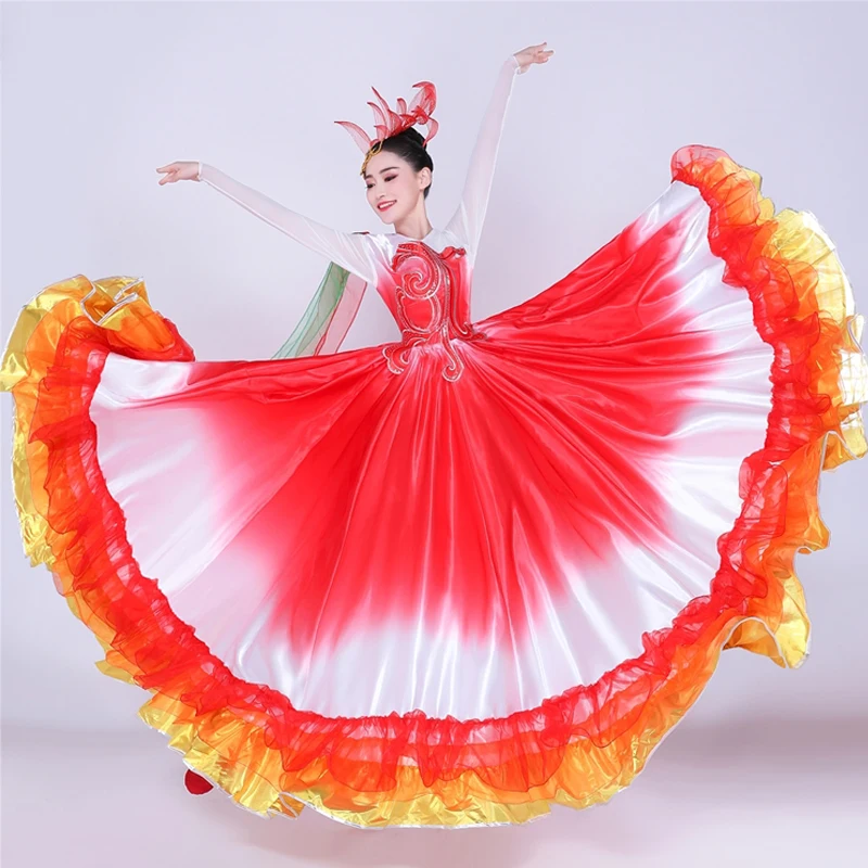 Spanish Bullfight Dance Dress For Women Stage Costume Gypsy Dress Emerald Green Dancing Long Skirt Flamenco Dance Dress DL7180