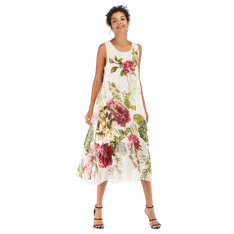 Newtrend heißer verkauf Europäischen und Amerikanischen stil lose sexy strand wind chiffon floral rundhals weste hosenträger kleid weibliche sommer