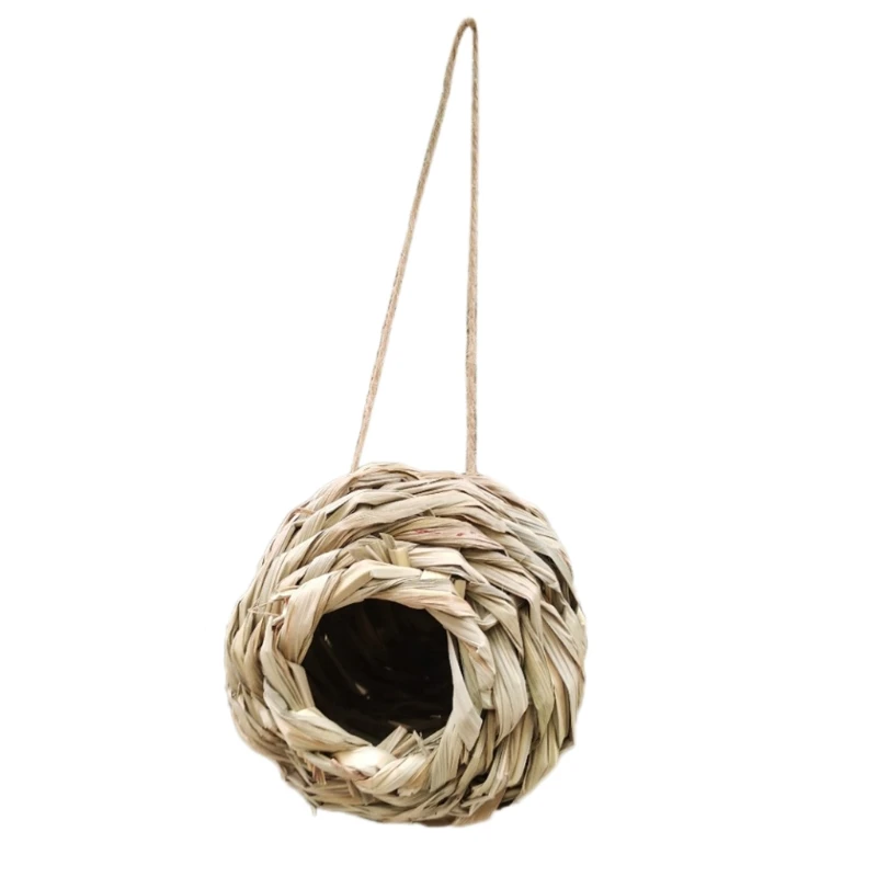 Round Birds Nest Cage Natural Grass Hand Woven Bird House Outdoor Hanging Bird Hut Shelter for Small Bird Chickadees Sparrows