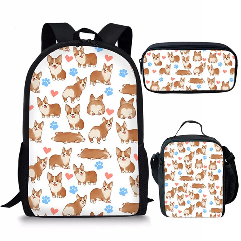 Corgi Dog Print School Bag Set Teenage Girls Boys Elementary Children Backpack Student Back Pack Kids Bookbags Sac a Dos Enfant