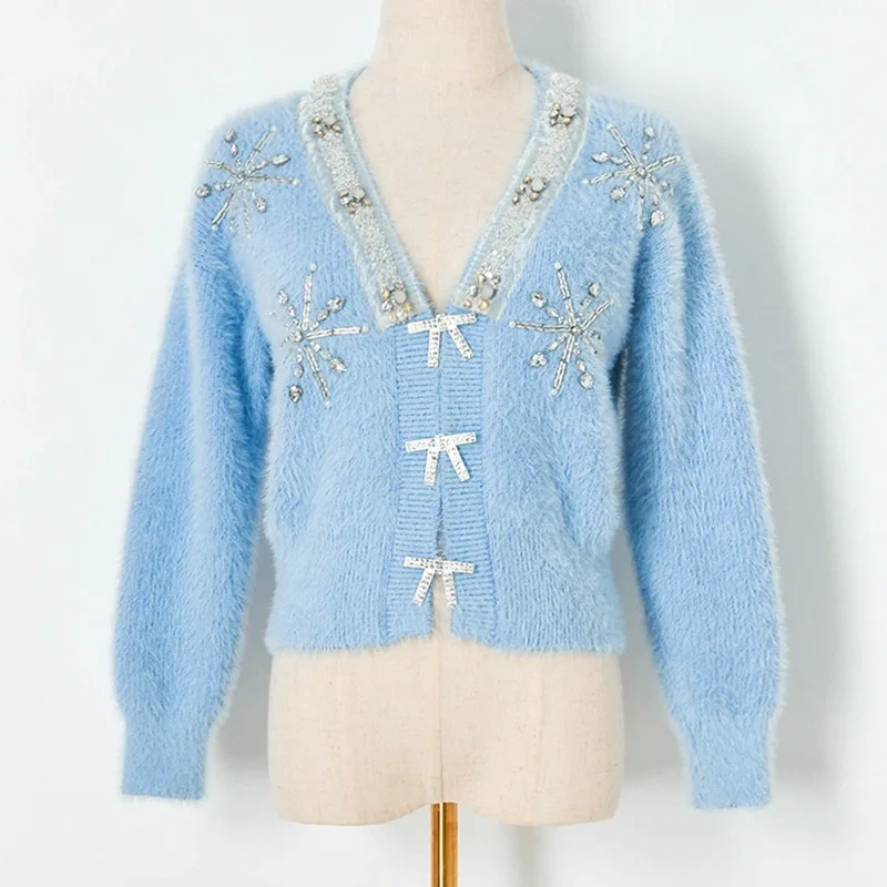 2021 Winter Cardigan Sweater Beaded Sequin Snowflake Mohair Cardigan Women V Neck Bowknot Button Knitted Cardigan White Sweater