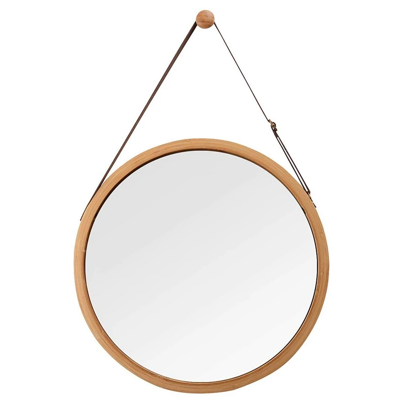 Mirror Hanging Round Wall Mirror in Bathroom & Bedroom - Solid Bamboo Frame & Adjustable Leather Strap  backlit mirror