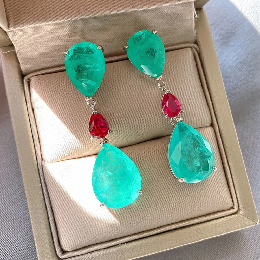 Charms Vintage Paraiba Tourmaline Emerald Gemstone Drop Big Earrings for Women Wedding Earrings Fine Jewelry Accessories Gift