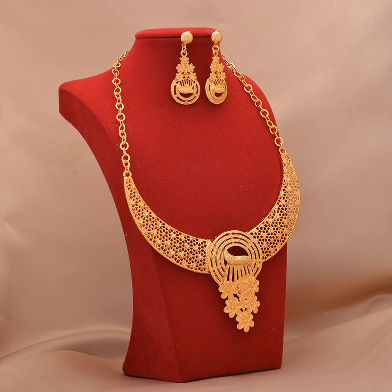 

Dubai Jewelry sets 24K gold plated luxury African wedding gifts bridal bracelet necklace earrings ring jewellery set for women