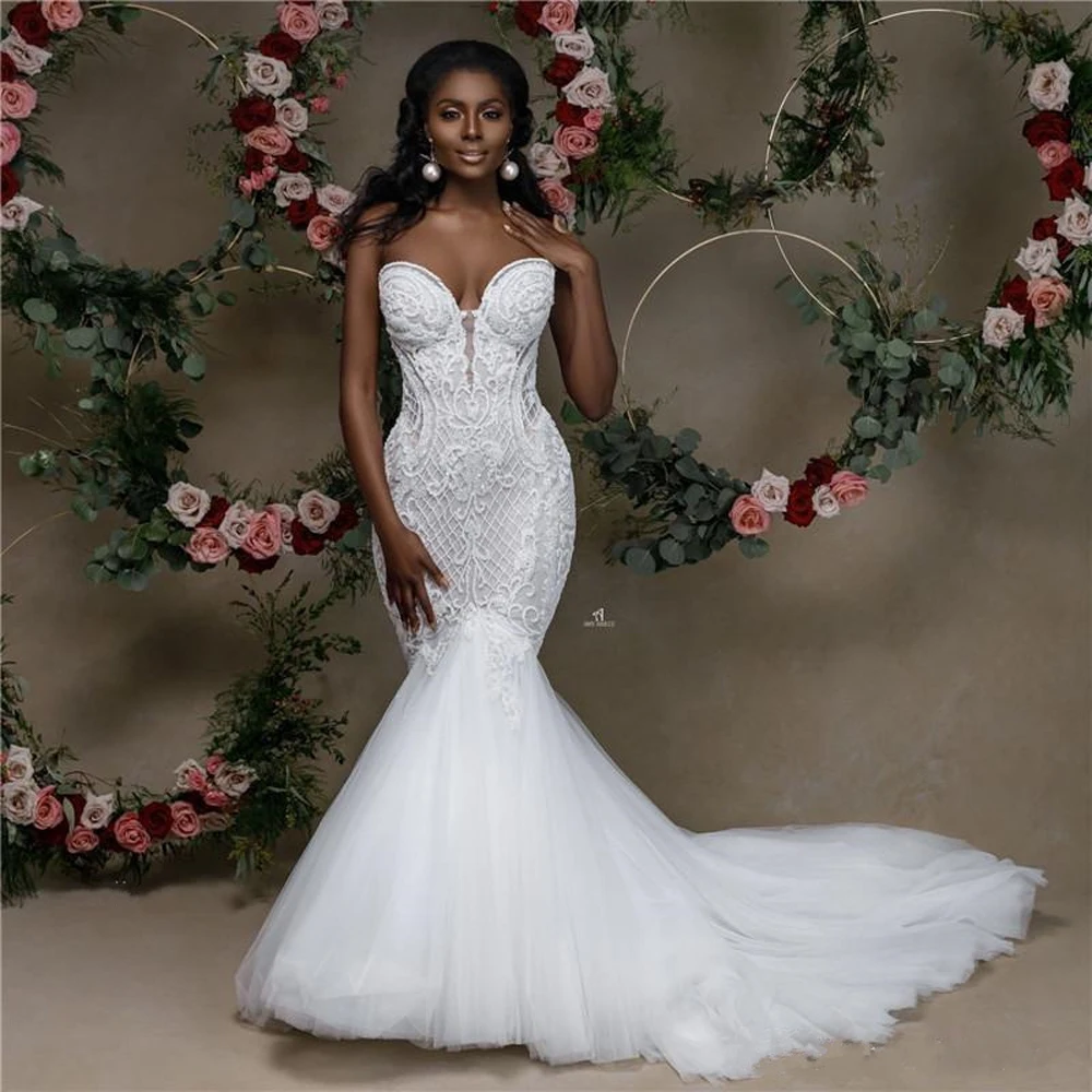 KapokDressy African Sweetheart Mermaid Wedding Dresses 2023 Newest Strapless Lace Beaded Wedding Gowns Applique Bridal Dresses