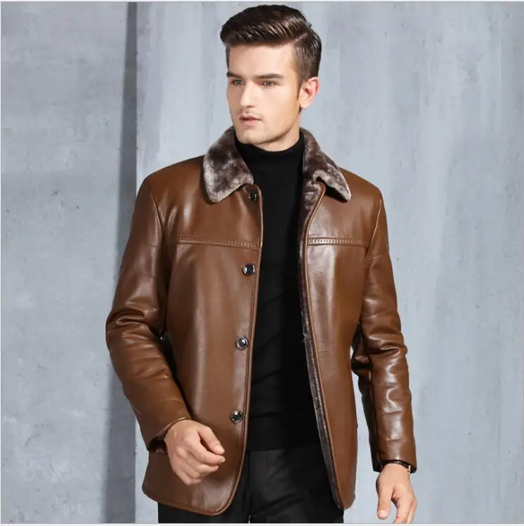 European men leather fur Long  Jacket Turn Down collar male down cotton imitation sheep leather fur coat Cuero abrigo de piel