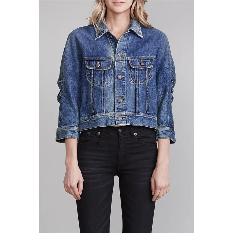 

Solid Color Cotton Loose Pleated Cropped Denim Women Jean Jacket