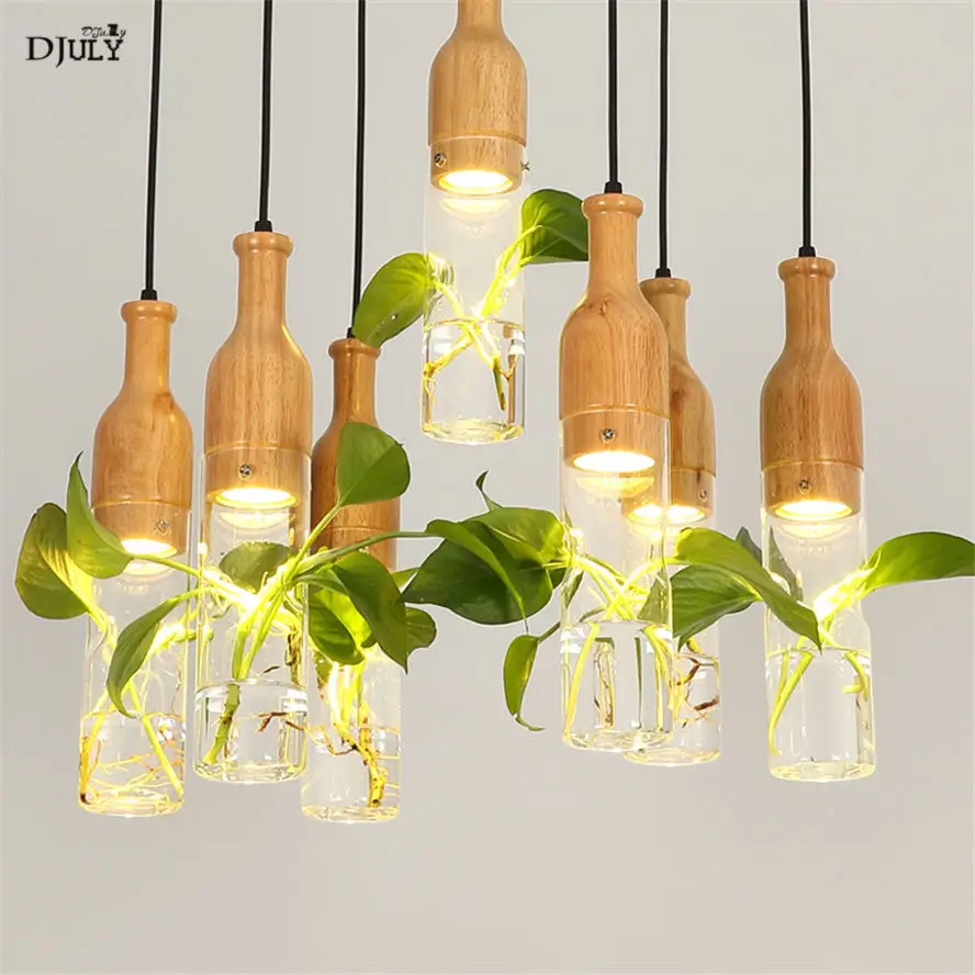 

Japanese style wood glass bottle pendant lights for coffee kitchen dining room flower pot hanging lamp loft decor led luminaire
