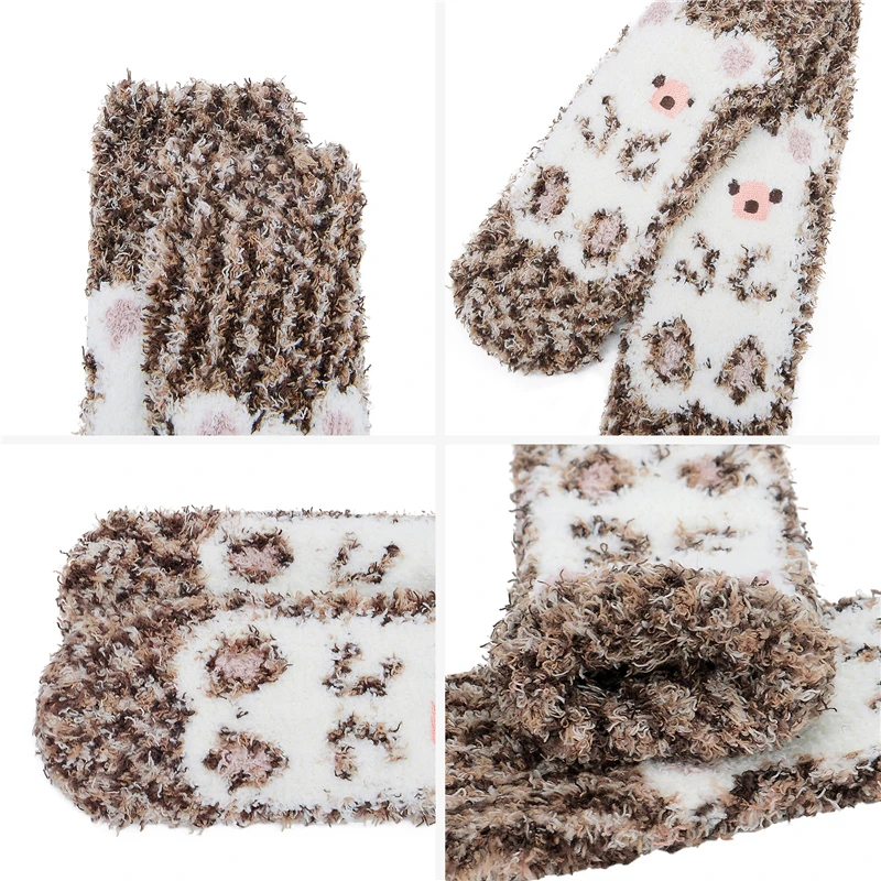 Thickened Warm Kawaii Cute Print Bear Animal Pattern Socks for Female's Plush Socks Winter Fur Fleece Lined Slipper 5 Pairs