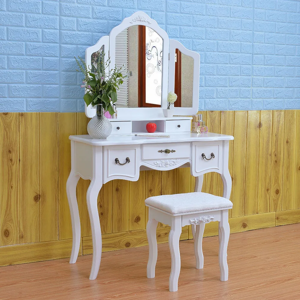 Two Colors (90 x 40 x 145)cm Dressing Table Tri-fold Mirror Dresser with Dressing Stool for Living Room or Bedroom