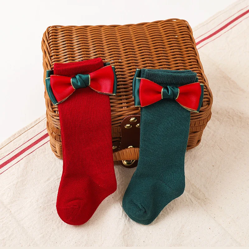 New Baby Girls Christmas Socks Toddler Big Bow Red Knee High Long Socks Soft Cotton Kids Sock Newborn Gift Socken For 0-5 Years