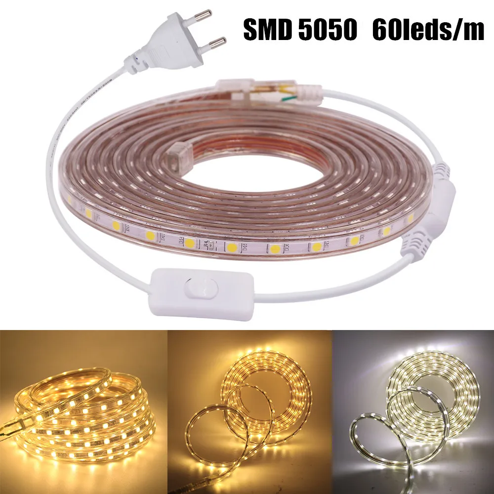 AC 220V LED Strip Outdoor Waterproof Lamp SMD 2835 276Leds/M Flexible Tape Ribbon 5050 5730 3014 Christmas Light with EU Plug