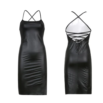 Women Sexy Suspender Mid-length Bodycon Dress Fashion Solid Color Leather Bandage Backless Skinny Split Dress For Female Mujer 4