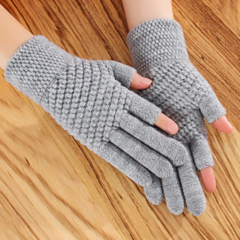 Unisex Cashmere Half-finger Cycling Mittens Women Winter Warm Thick Knit Wool Fingerless Writing Touch Screen Driving Gloves H68