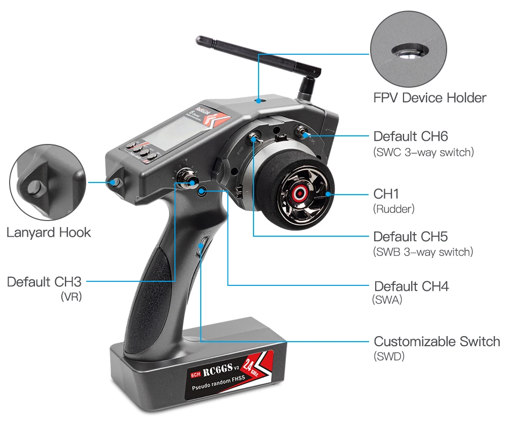 Radiolink RC6GS V2 2.4G 6 Channel Radio Transmitter with R7FG Receiver Gyro Telemetry Included Remote Controller for RC Car Boat