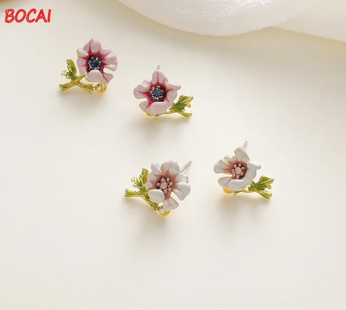 

925 Silver Purple Flower Earrings French Enamel Glaze Daisy Flower Cute Earrings