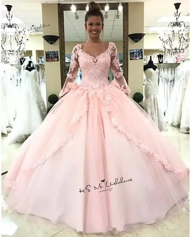 Dolce 16 abiti manica lunga pizzo abiti Quinceanera economici 2020 Vestido de Debutante Para 15 anos abiti da ballo rosa abito per 15