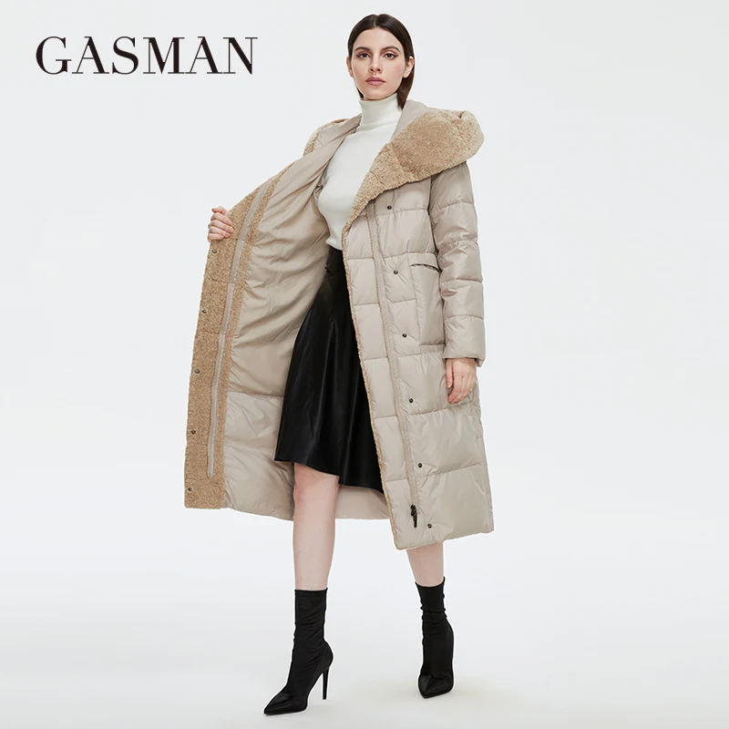 GASMAN 2022 Women\'s Winter Jacket Long Faux fur sheep curl Designer Female Coat Windproof Hat Big pocket Women\'s jacket 81716