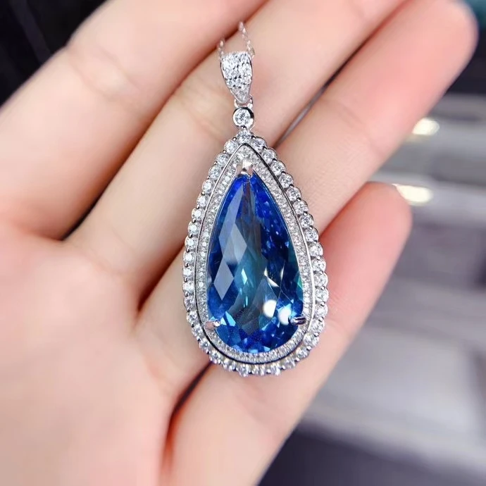 KJJEAXCMY fine jewelry 925 Sterling Silver inlaid natural Sky Blue Topaz girl luxury elegant big drop GEM PENDANT support test