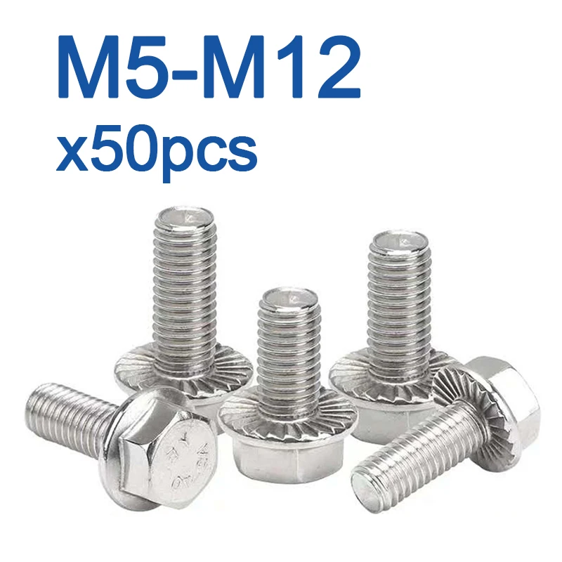 50pcs/lot A2-70 Stainless Steel Hexagon Head with Serrated Flange Cap Screw Hex Washer Head BoltM5 M6 M8 M10 M12