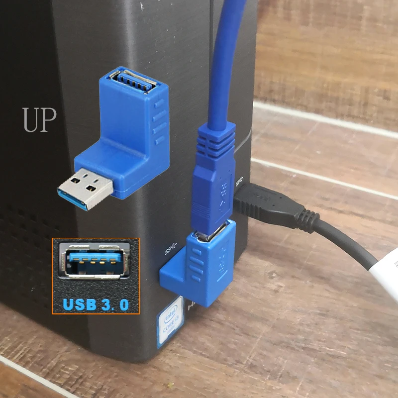 USB 3.0 Adapter z gniazda męskiego na żeńskie 90 stopni w pionie prostopadły złącze konwertera wtyczka niebieski czarny kolor dla komputer Laptop