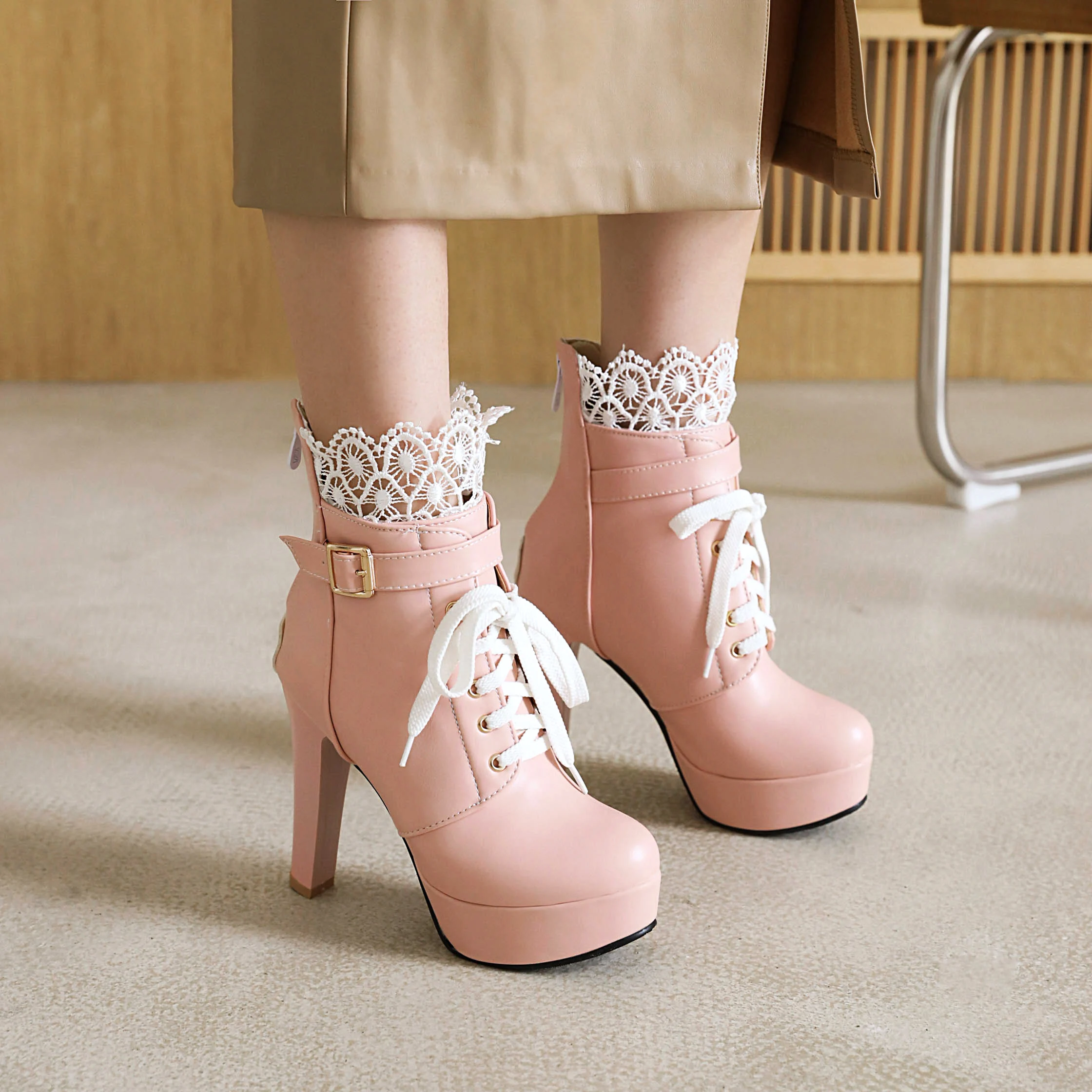 Womens Lolita Shoes Platform Spike High Heel Lace up Bow Ankle Boots Sweet Party Lolita Princess Cosplay Shoes