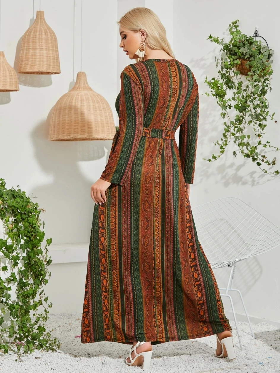 Winter Dress Women 2024 Female Long Sleeve Striped Retro Printing Vintage Dress Plus Size Loose Large Abaya Dubai Turkey Dress