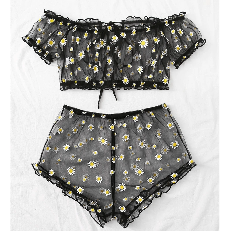 Underwear Women Transparent Mesh Sexy Lingerie Pajamas Set Cute Daisy Embroidery Sleepwear Off-Shoulder Bralette Top+Shorts