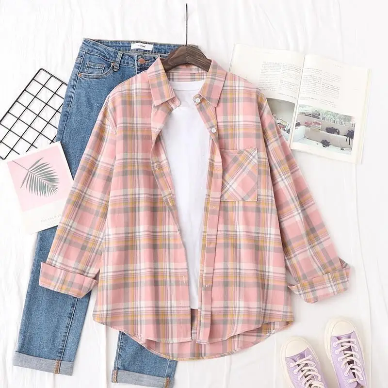 Blouse Women Shirt Spring Summer Plaid Women\'s Long Sleeve Loose Top Shirt Coat Blusas Mujer De Moda