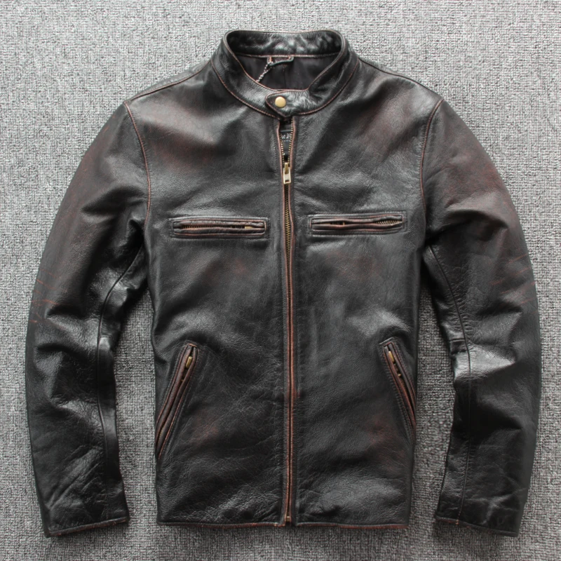 shipping.wholesales.man genuine Free leather jacket.vintage brown 100% leather coat.mens cowhide motor biker jackets.cool