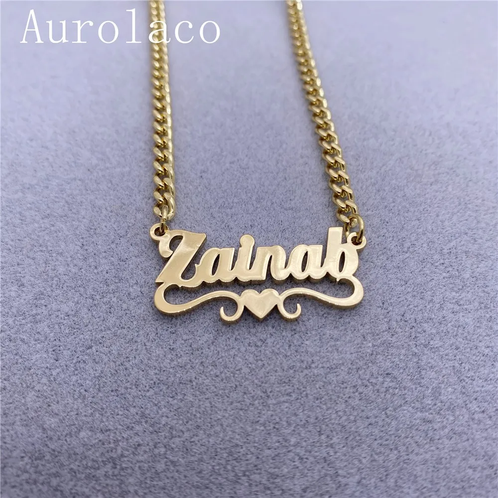 AurolaCo Custom Name Necklace With Heart Stainless Steel Cuban Chain Necklace Custom Letter Choker Necklace For Women