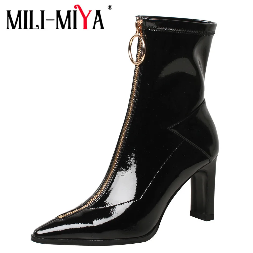 

MILI-MIYA New Brand Design Autumn Ankle Boots Women Square Heel Front Zipper Patent Leather Sexy Pointed Toe Faddish Dress Shoes