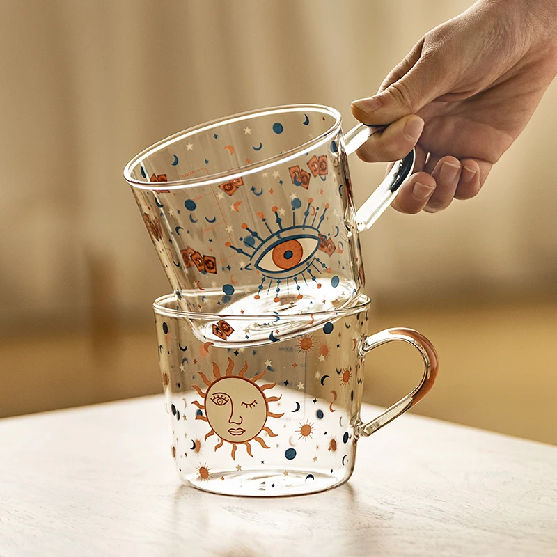 500ml Creative Scale Glass Mug Breakfast Milk Coffe Cup Household Couple Water Cup Sun Eye Pattern Drinkware Kitchen Tableware