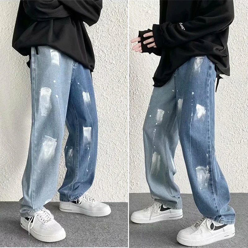 

Straight Jeans for Men High Street Printed Washed Trouser Leisure Loose Denim Jeans Pants 2022