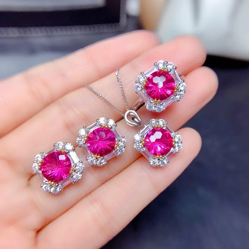 Foydjew 2023 New Trend Luxury Fireworks Cut Pink Topaz Anniversary Gifts Jewelry Sets Pendant Necklaces Earrings Rings For Women