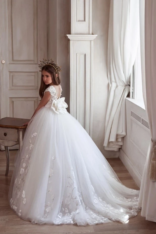 Robes de demoiselle d'honneur en dentelle blanche pour mariage, col bijou, appliques florales 3D, tout-petit, reconstitution historique, quelle que soit la robe de première communion en tulle