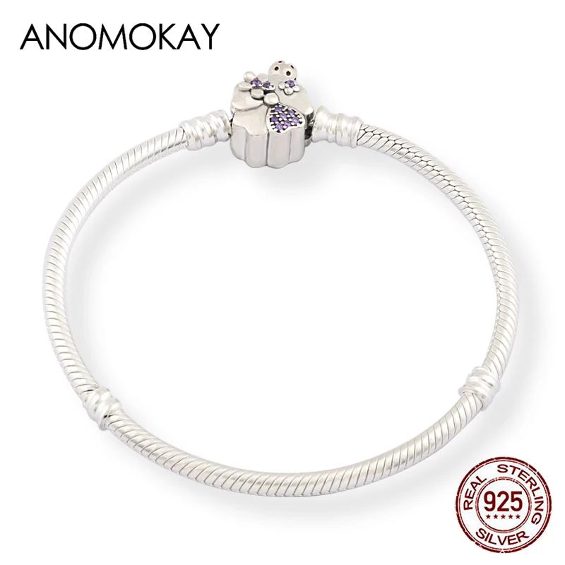 Spring Autumn Series 925 Sterling Silver Purple CZ Cherry Daisy Flower Basic Women Bracelet S925 Chain Link Bracelet Jewelry