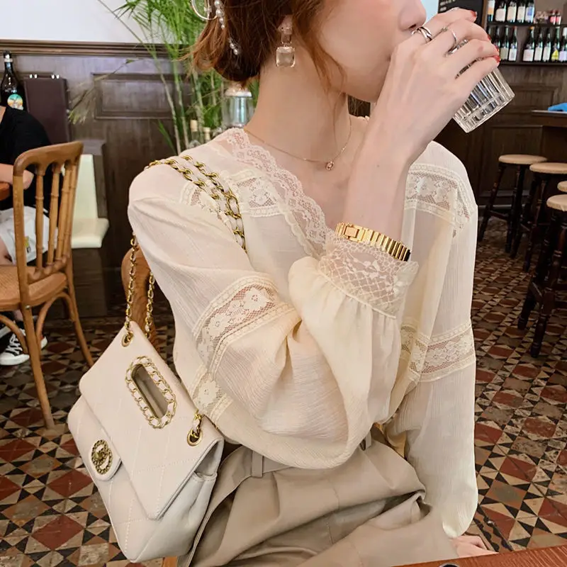 Blouse Women 2024 Lace Stitching Loose Top Chiffon Pullover Shirt Blusas Ropa De Mujer